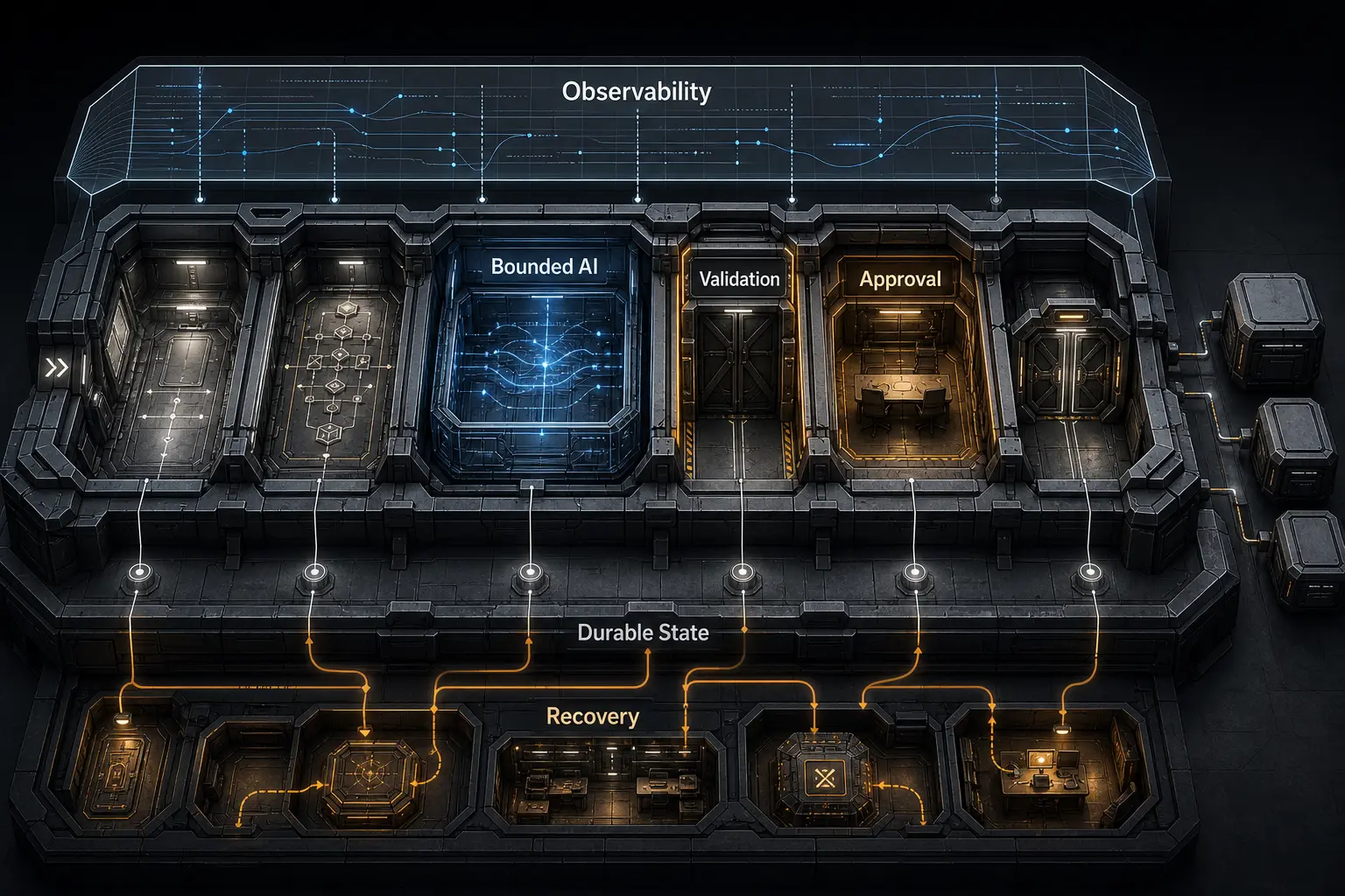 Reliability-first AI automation architecture featuring compartmentalized execution corridors, validation gates, and recovery pathways.