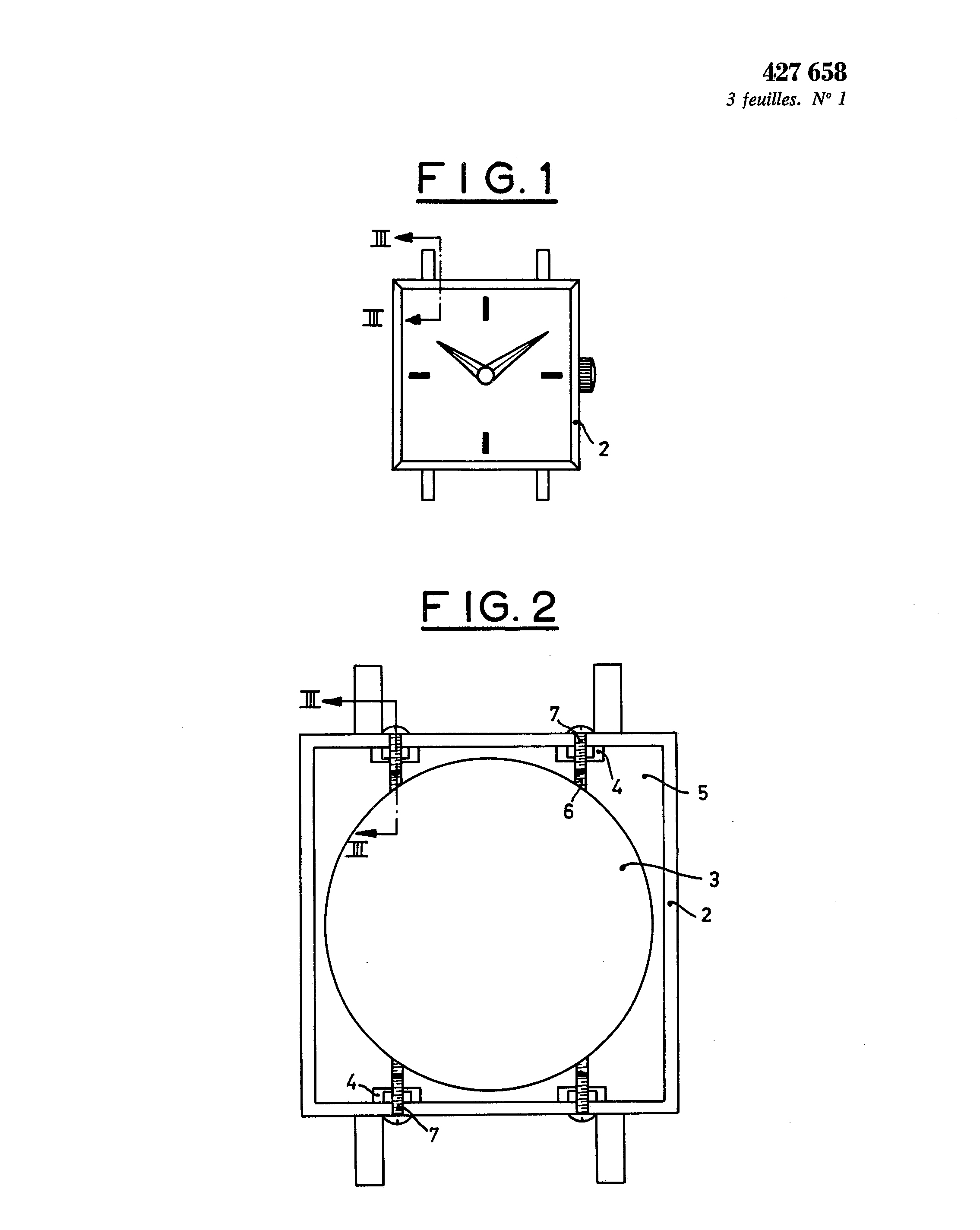 Swiss Patent CH427658A diagram, square watch case screw fixation