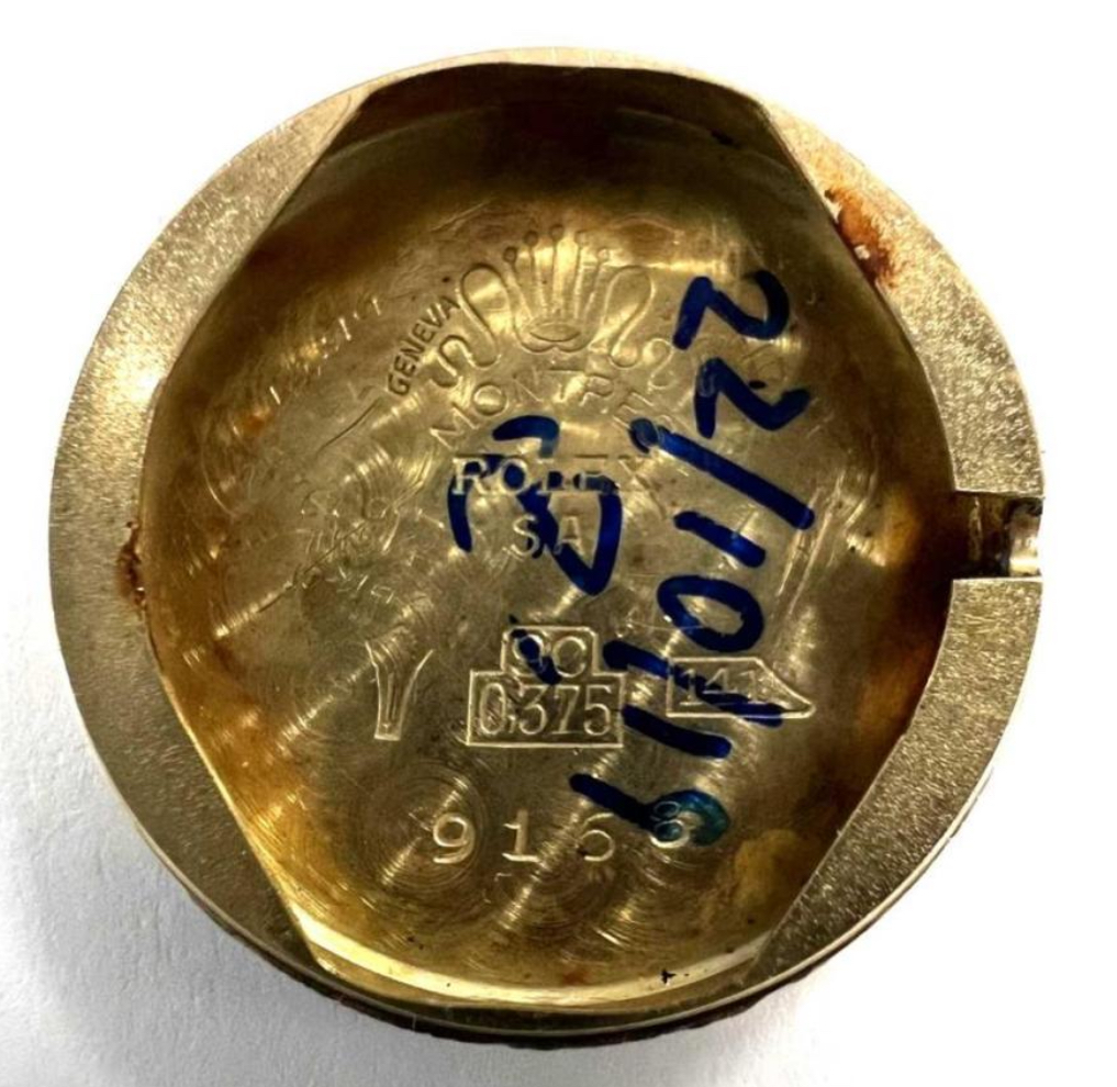 Rolex Ref. 9168 caseback, Hammerhead №141 mark beside 9C 0.375 fineness box