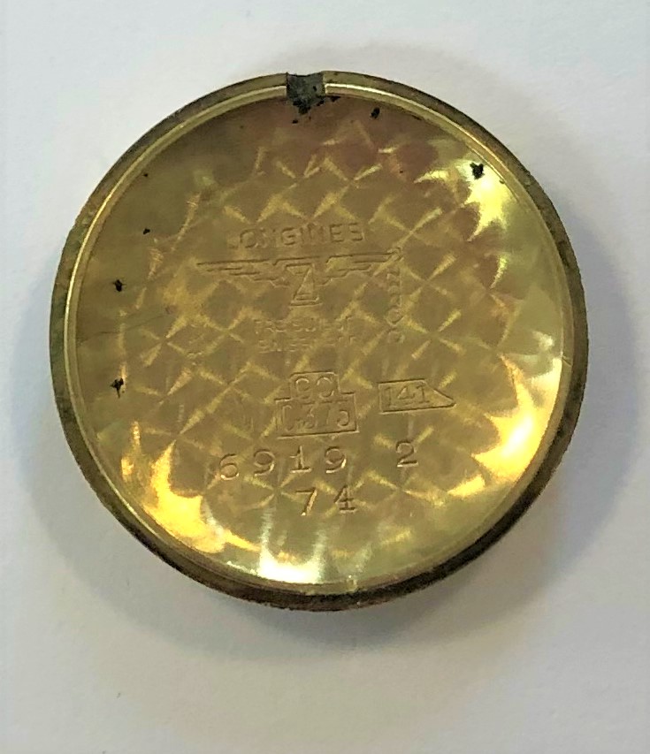 Longines ladies’ 9ct gold wristwatch caseback with Hammerhead №141 mark