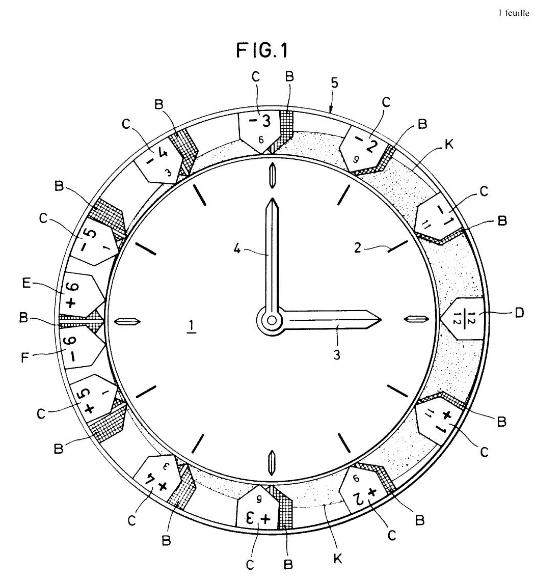 Swiss Patent CH584930 diagram, Fig. 1, tide-calculation rotating bezel