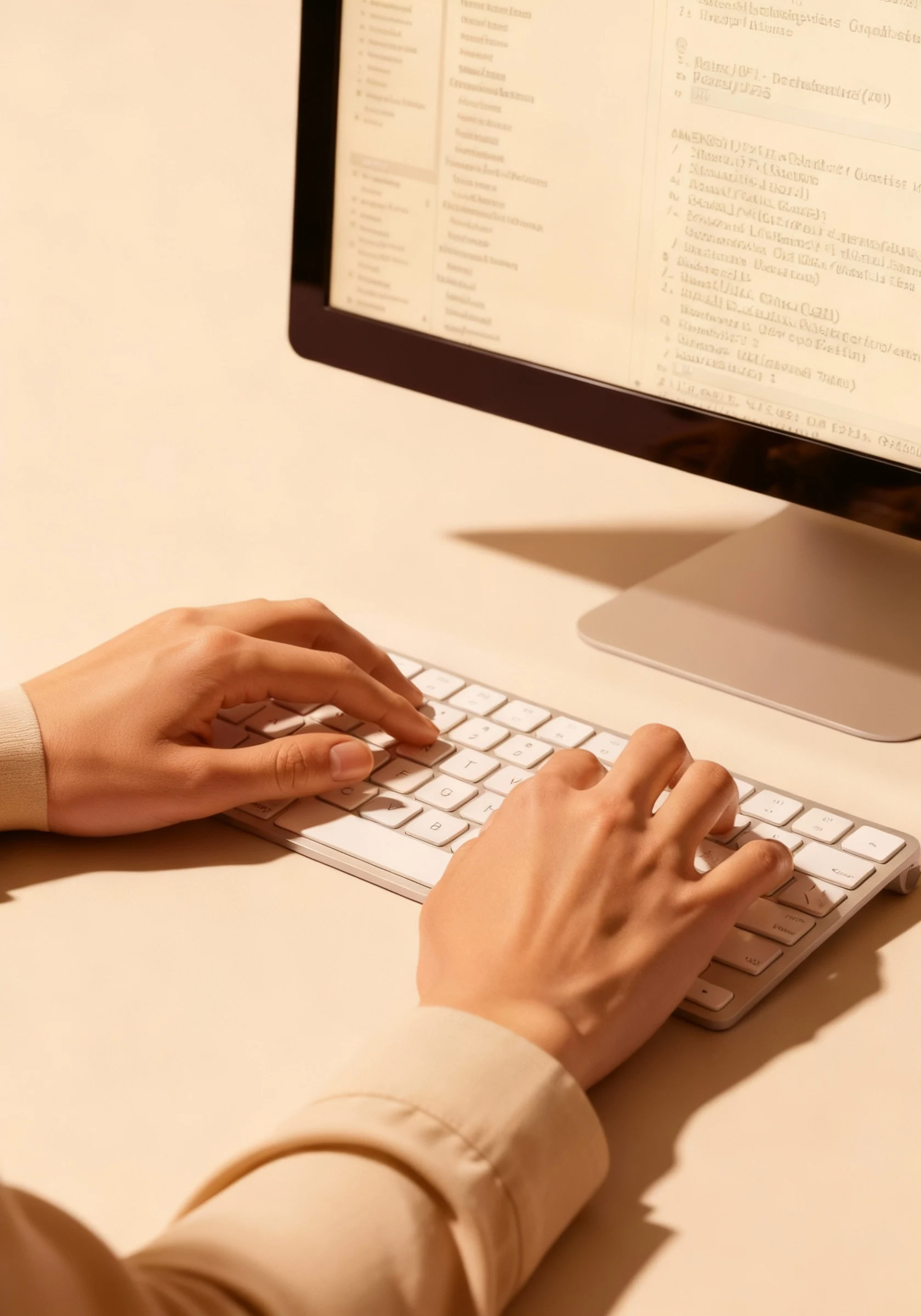 Person typing on a white keyboard in front of a computer monitor displaying text.