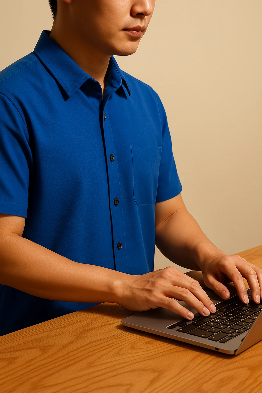 Person wearing a blue short-sleeve button-up shirt typing on a laptop on a wooden table.