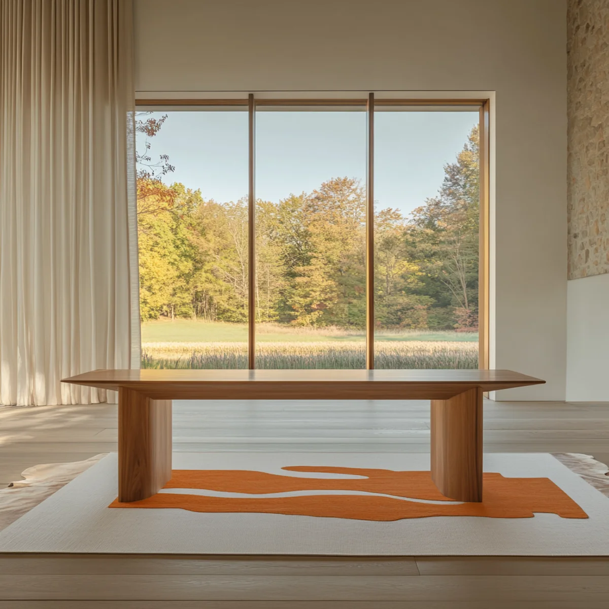 Minimalist wooden table on an abstract orange and white rug in front of a large window showing a green and yellow autumn forest.