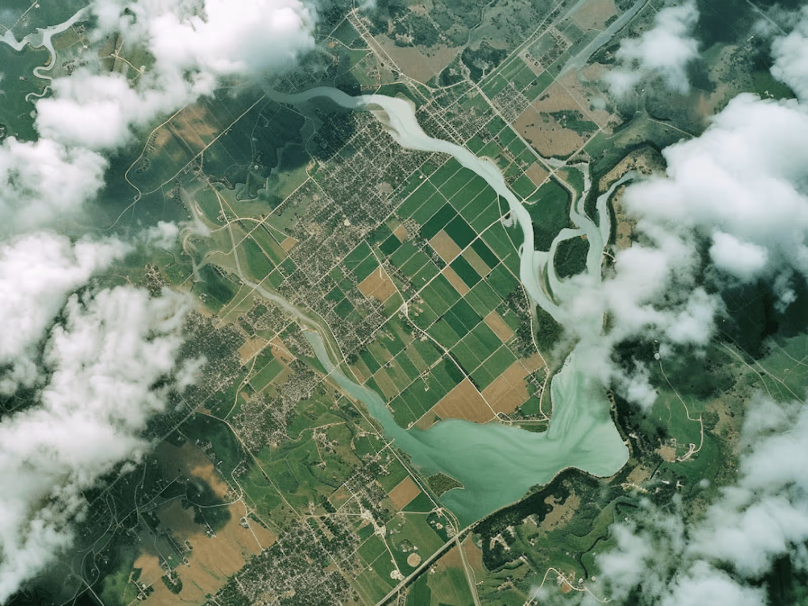 Aerial view of green and brown agricultural fields separated by roads, with winding rivers and scattered clouds overhead.