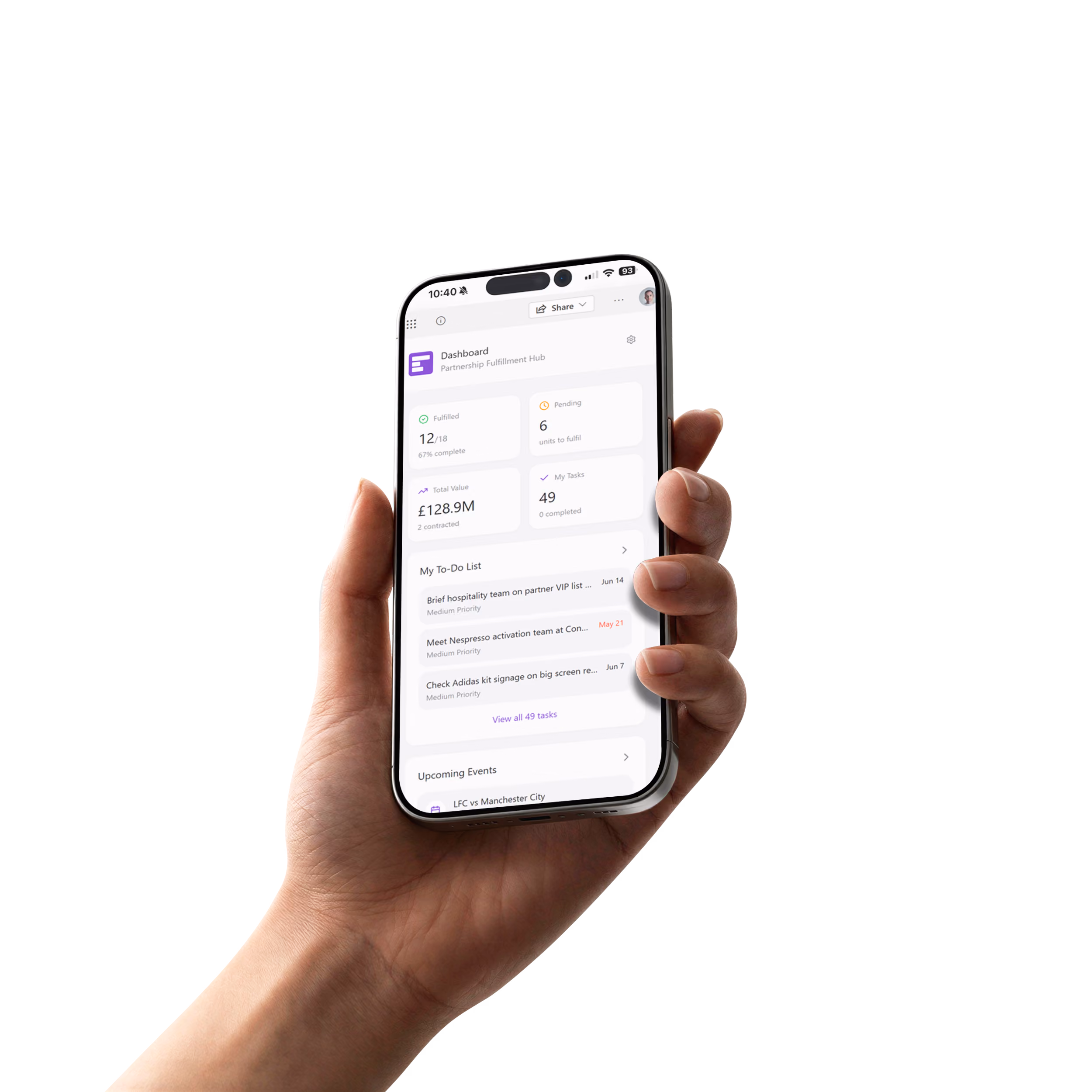 EngageRM mobile app showing partnership fulfilment hub