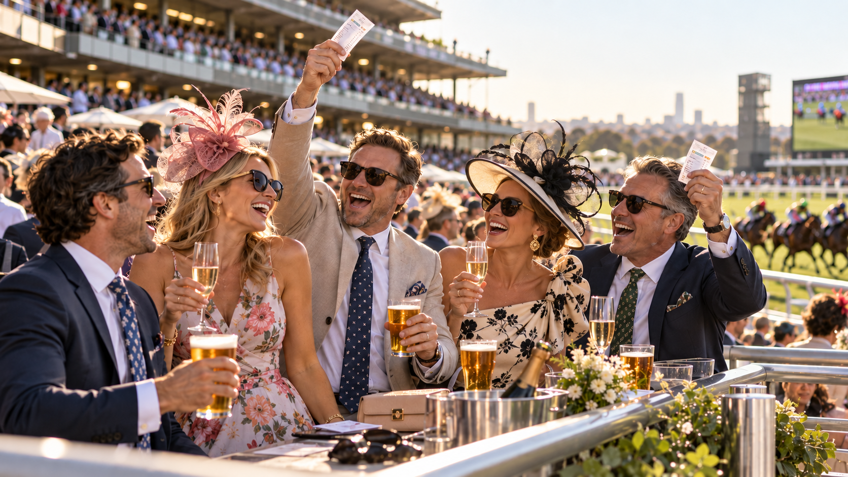 Well-dressed group of four adults enjoying drinks and holding betting tickets at a sunny horse racing event, with horses racing on the track and a large crowd in the background.