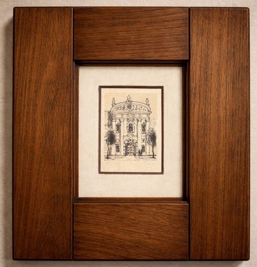 Custom wood picture frame with architectural artwork