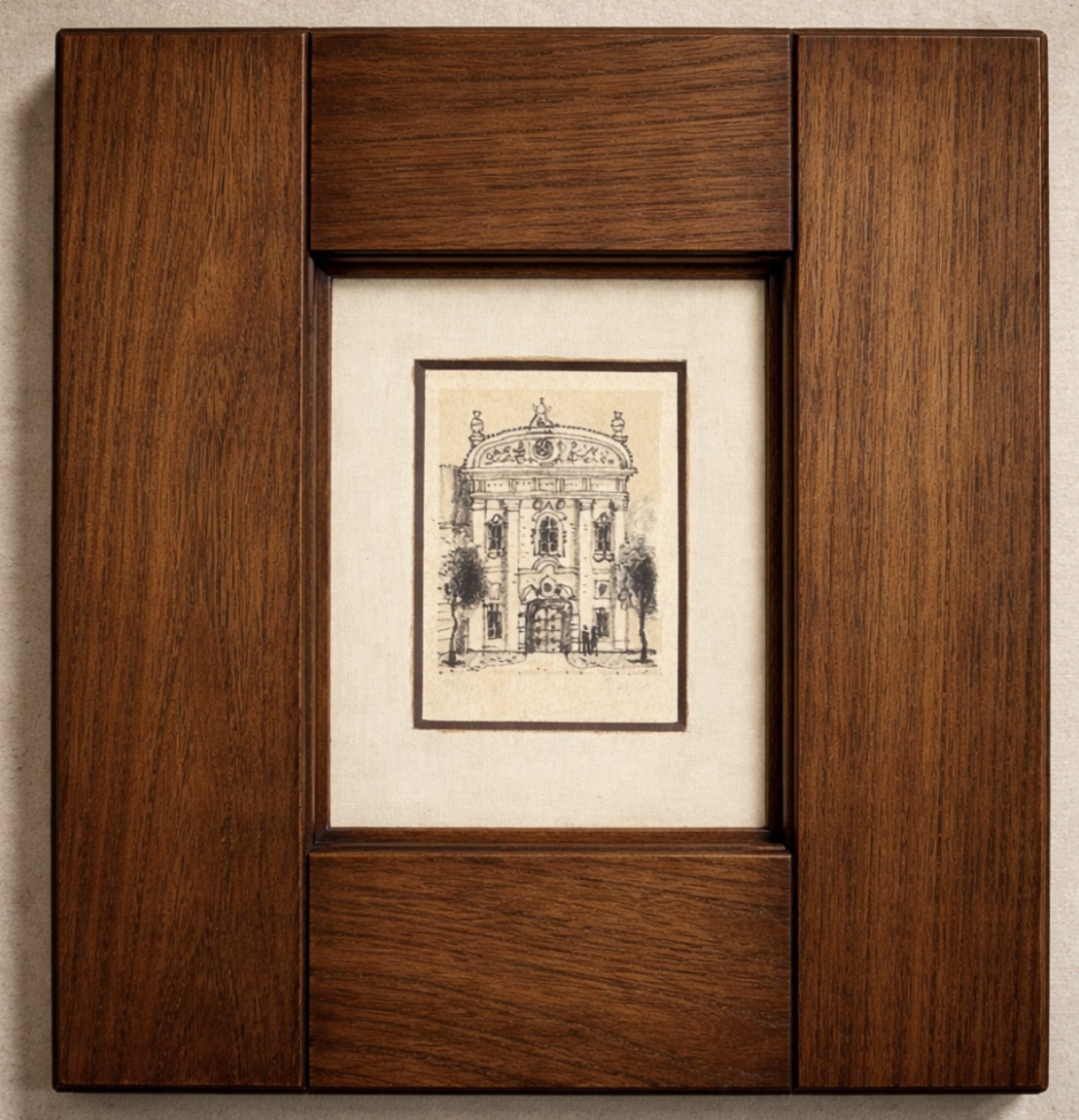 Custom wood picture frame with architectural artwork