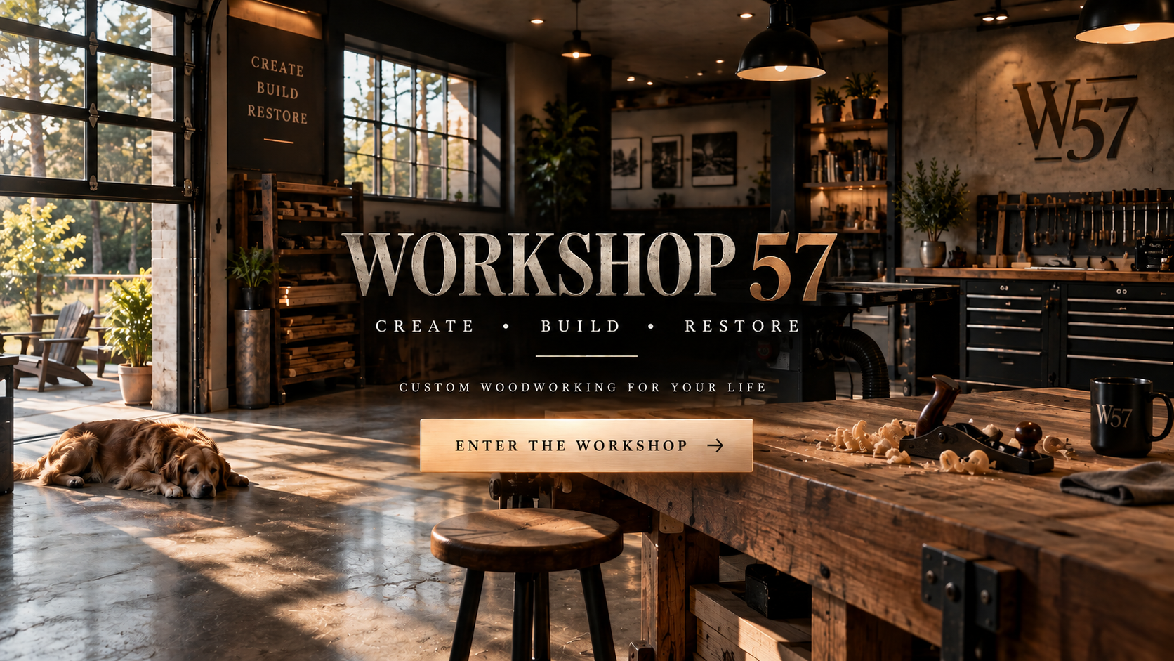 Workshop 57 woodworking studio in warm light with a golden retriever resting on the shop floor.