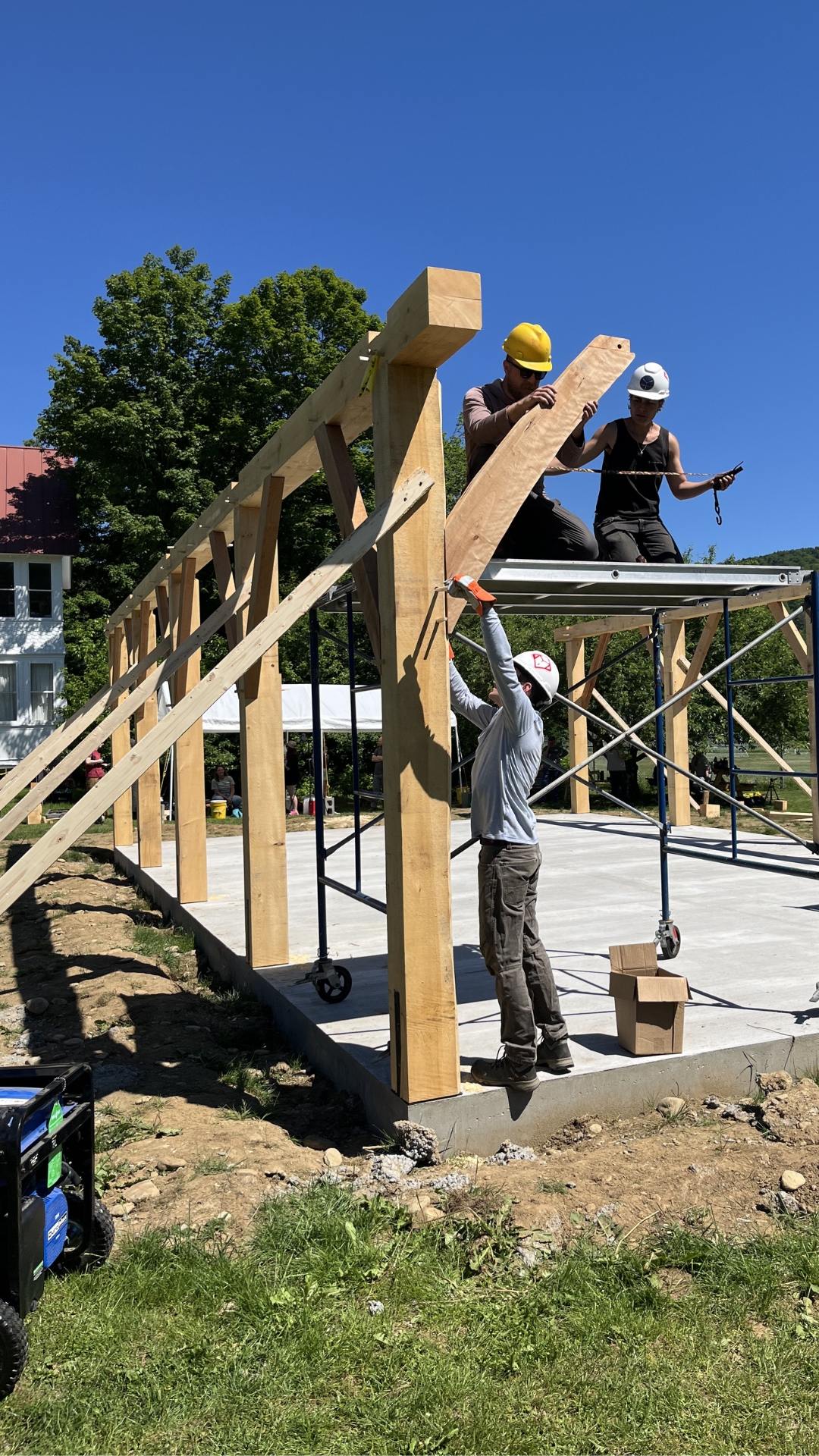 Volunteers at the Yestermorrow barn raising in Worcester, Vermont