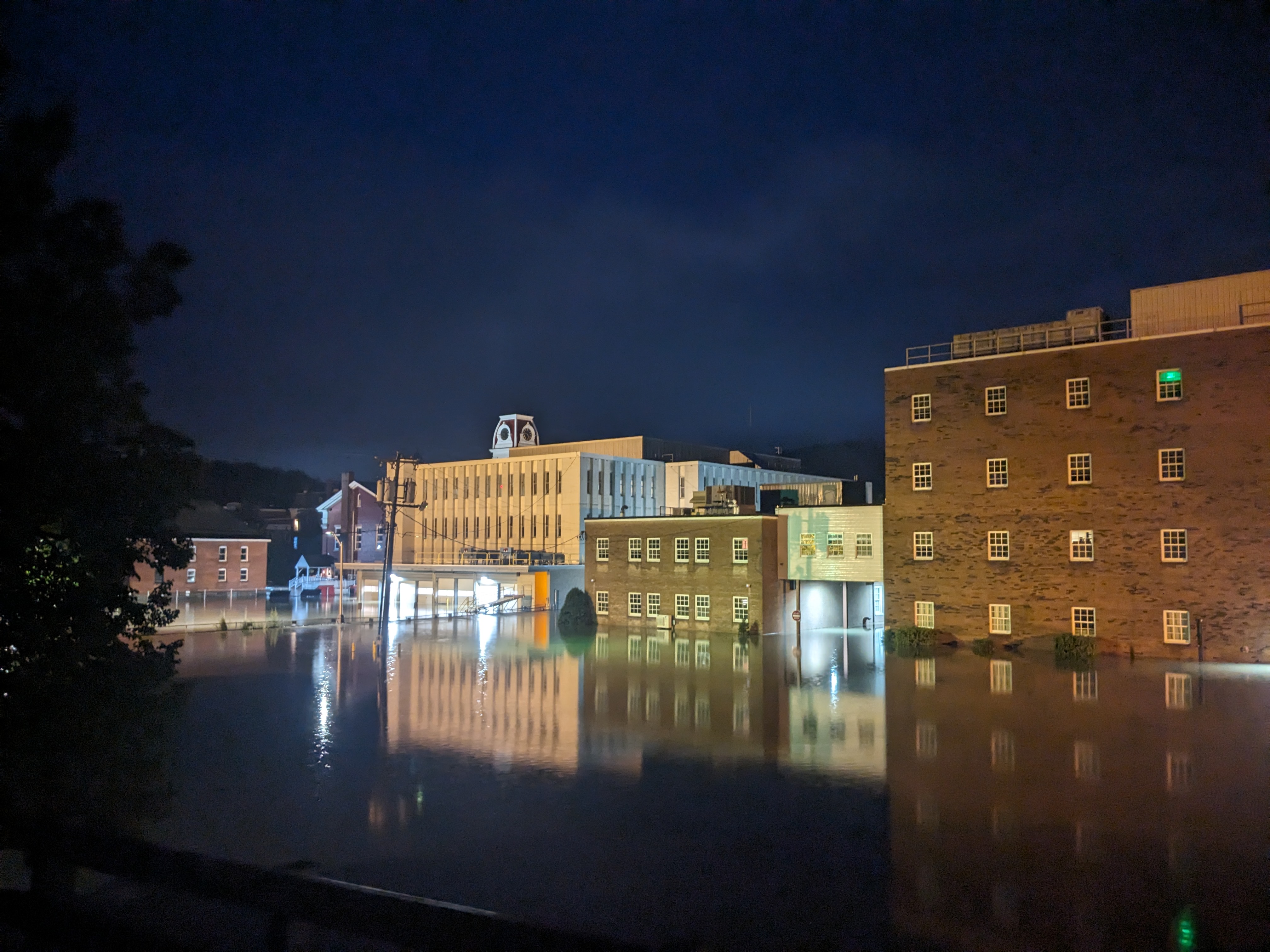 Flooding in downtown Burlington, Vermont at night