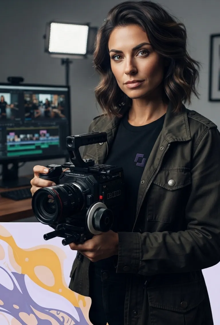 A woman with shoulder-length dark hair holding a professional RED video camera, standing in a workspace with a computer monitor showing video editing software and a large light panel in the background.