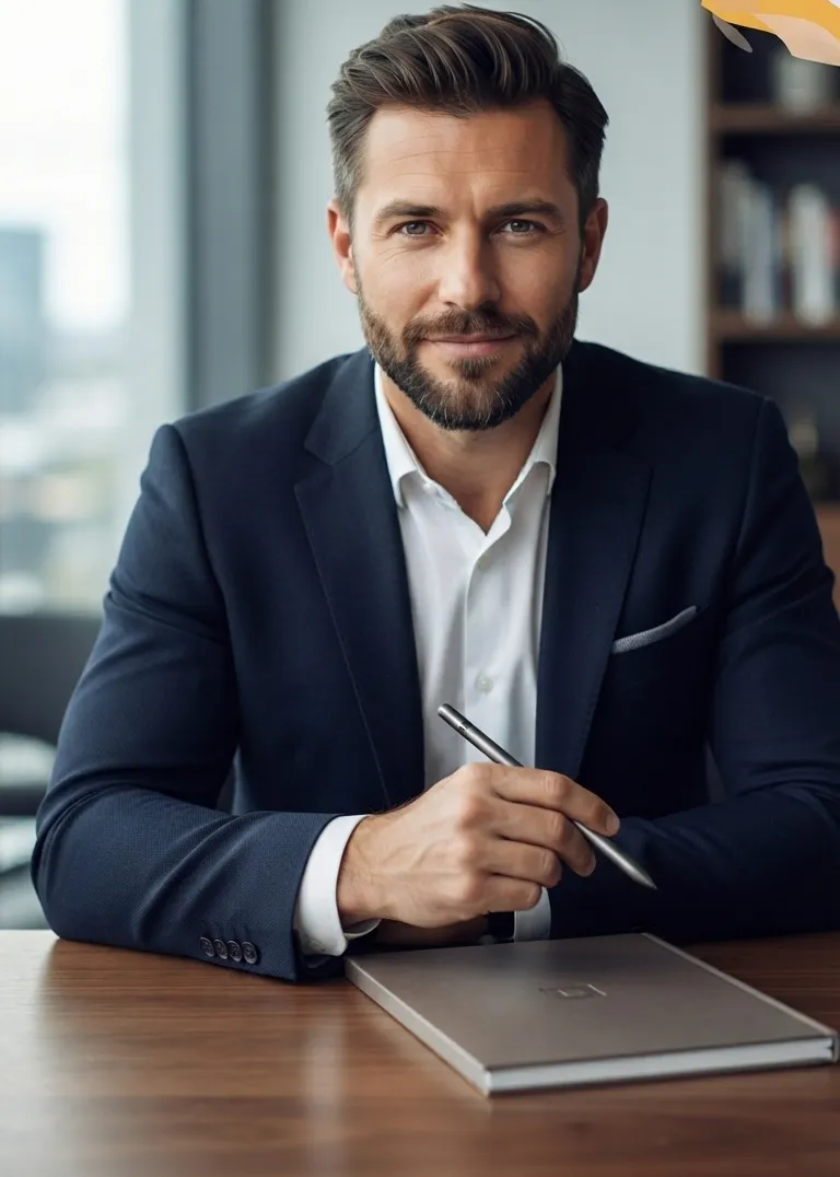 Confident man with a beard and slicked-back hair wearing a dark suit and white shirt, sitting at a wooden desk holding a pen above a closed silver laptop, with a blurred office background.