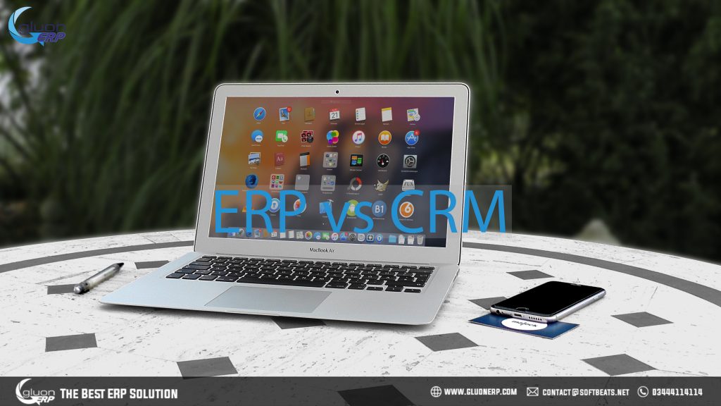 Laptop computer and discussing the differences and similarities between erp and crm. ERP vs CRM