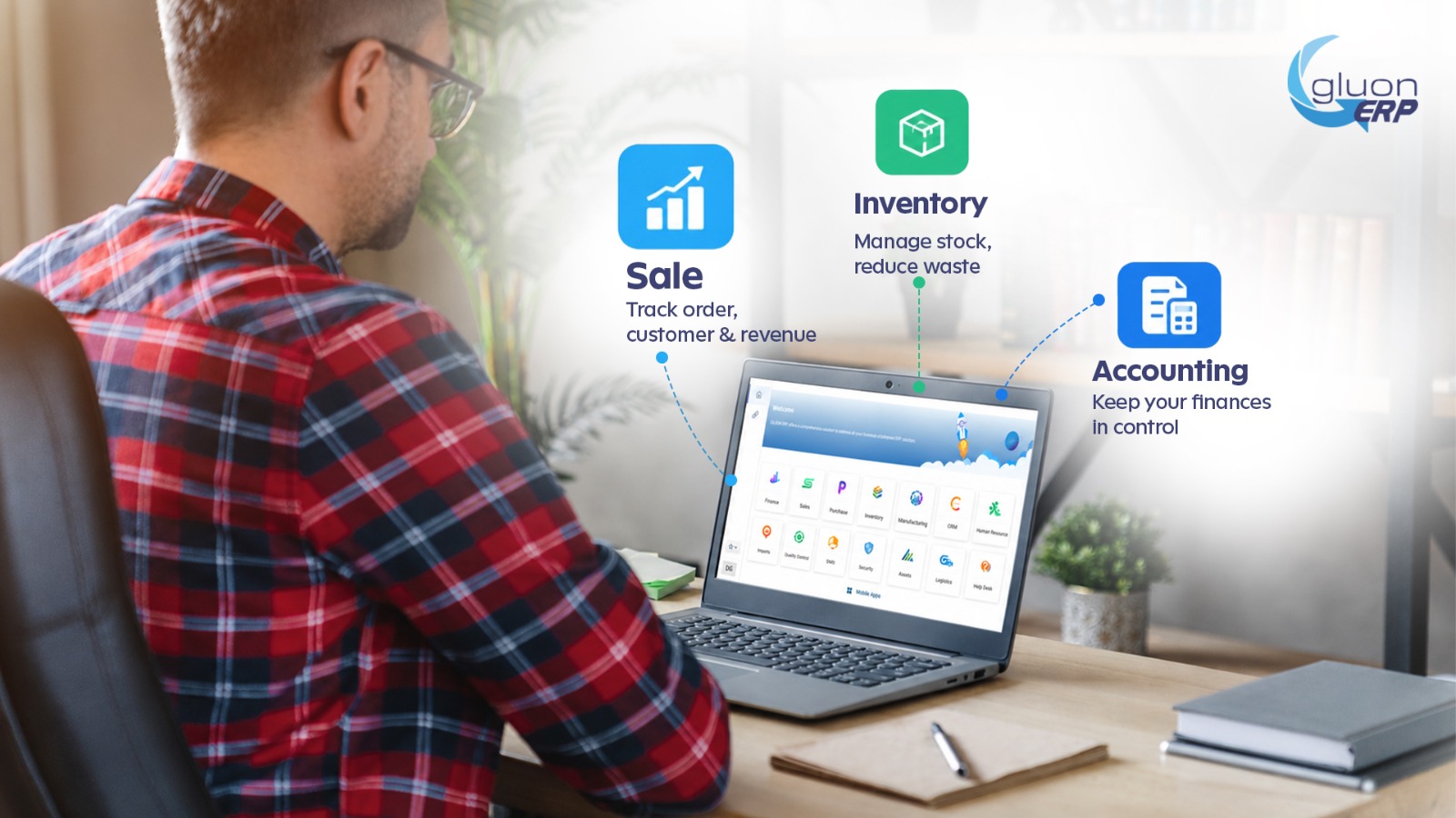 User interface showcase by Gluon ERP highlighting key business functions including order tracking, real-time inventory management, stock waste reduction, and centralized financial accounting.