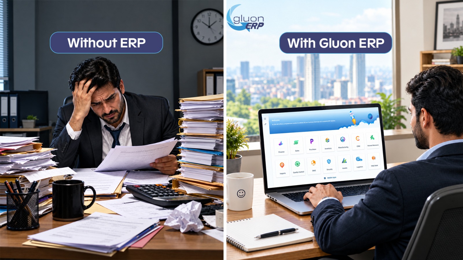 Comparison visual by Gluon ERP contrasting manual paper-based business operations with streamlined automated workflows, real-time analytics, and centralized data management using Gluon ERP software.