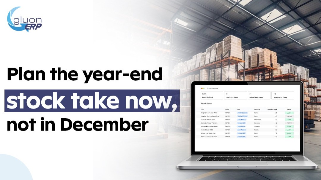Gluon ERP blog banner titled 'Plan the year-end stock take now, not in December' featuring a laptop showing a stock overview dashboard in front of a high-bay warehouse filled with stacked inventory pallets.
