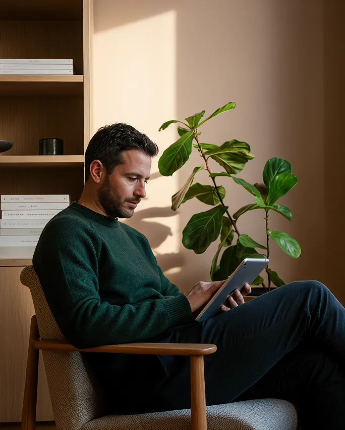 Man in green sweater sitting in a chair reading on a tablet with a plant and bookshelf in background.