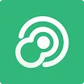 White abstract circular shape with two circles connected on a green background.