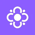 White symmetrical floral icon with six petals on a purple background.