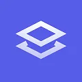 White stylized layers icon on a blue square background.