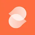 Abstract white shape resembling two overlapping leaves on an orange background.