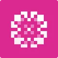 White pixelated symmetrical flower-like pattern on a pink background.
