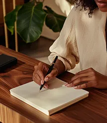 Person with curly hair writing in a notebook at a wooden desk with a large green plant in background.