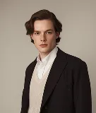 Portrait of a young man with wavy brown hair wearing a black blazer and beige sweater over a white shirt.