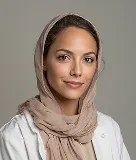Confident woman wearing a light brown headscarf and light beige top against a gray background.