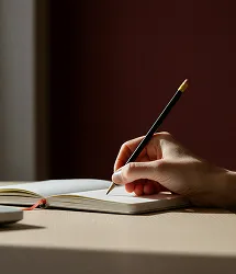 A hand holding a pencil writing in an open notebook on a table with a dark blurred background.