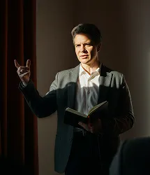 Man in a dark suit jacket and white shirt giving a presentation, holding an open book and gesturing with his right hand while speaking.