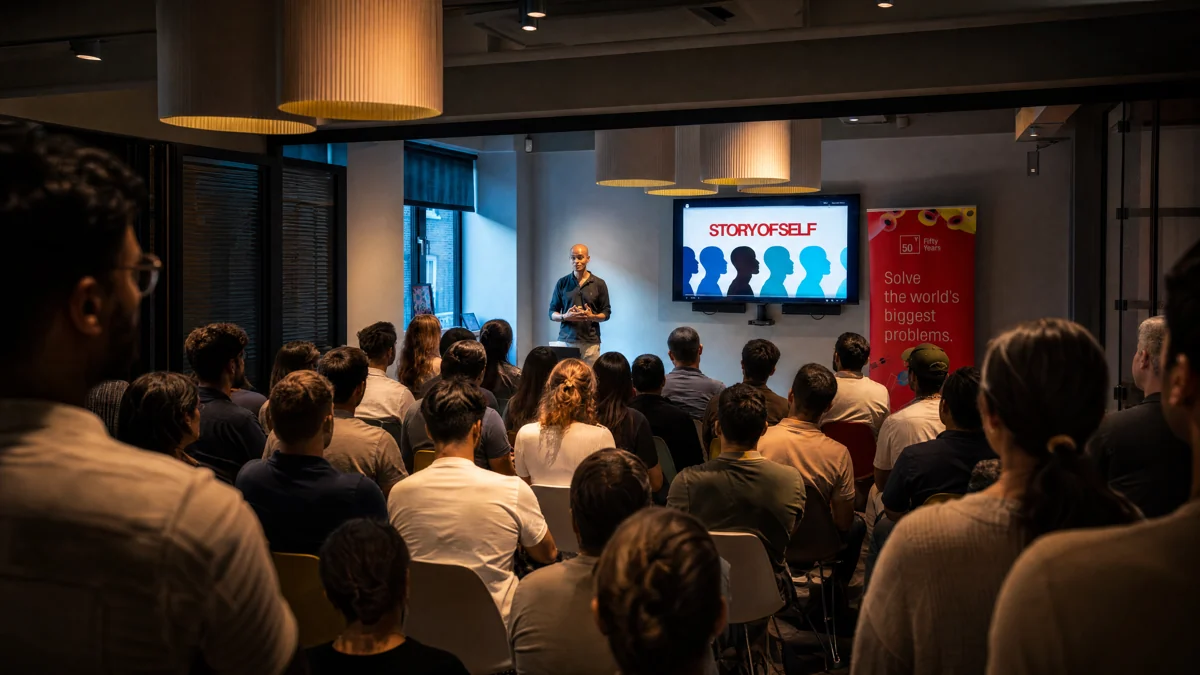 Souvid speaking with an audience during a storytelling session