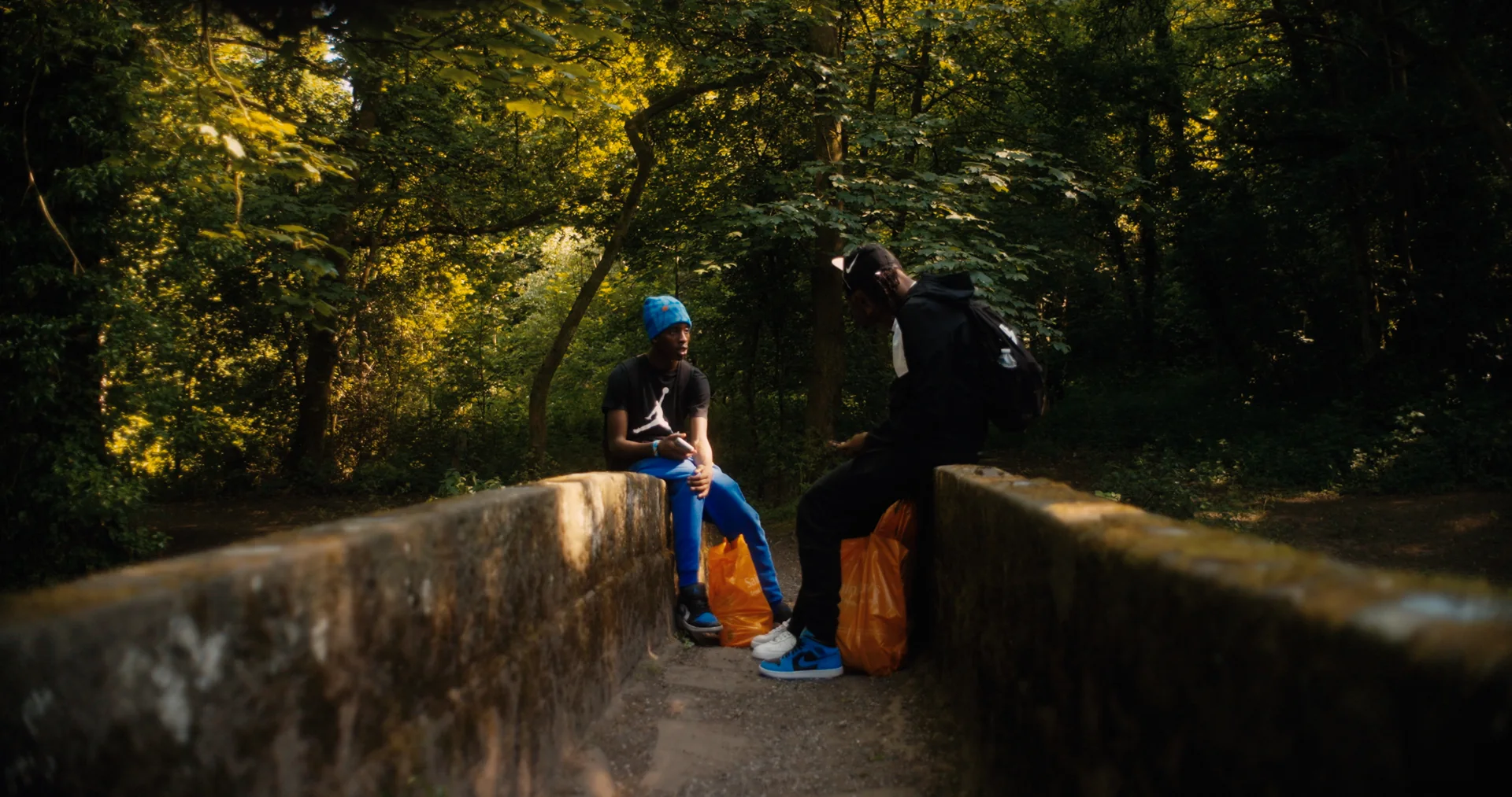 Not Yet — Friends on a stone bridge in the woods