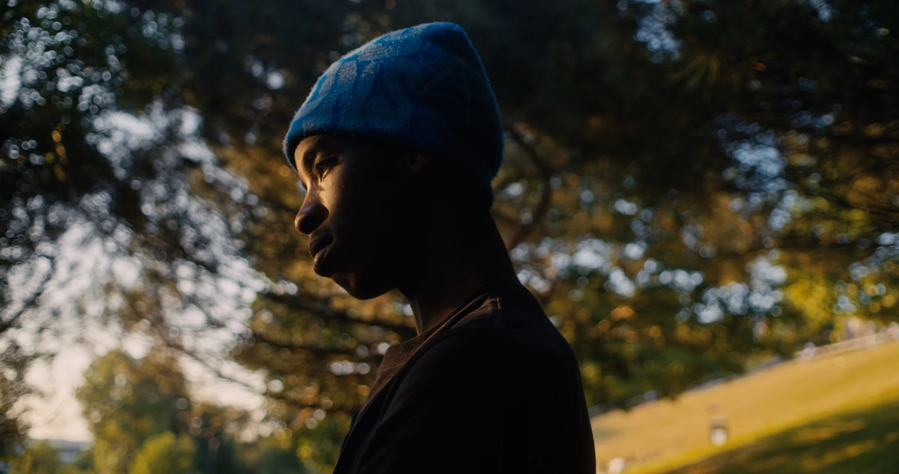 Not Yet — a young man in a blue hat beneath the trees