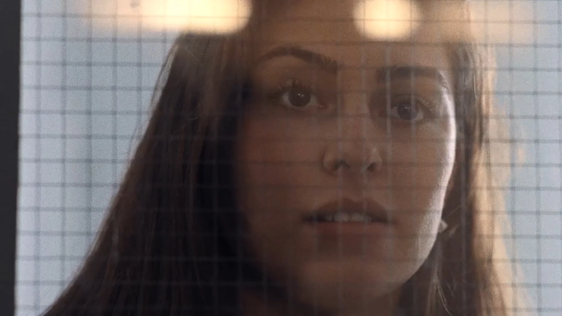 Trust Me — Anne looks through wired glass in a softly lit close-up