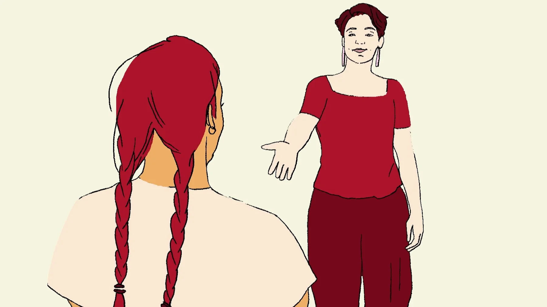 Trust Me — An animated woman reaches out a hand to another woman