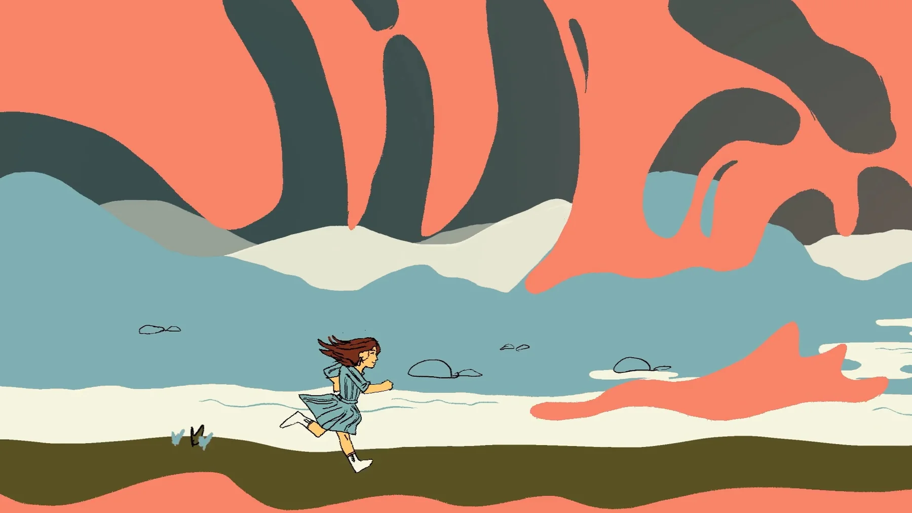 Trust Me — An animated figure runs beside a sea beneath a vast coral and blue sky