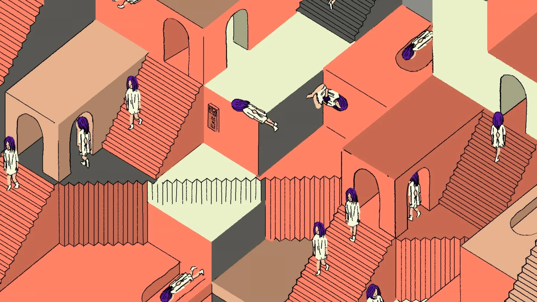 Trust Me — An animated figure repeated across a maze of coral-coloured stairs