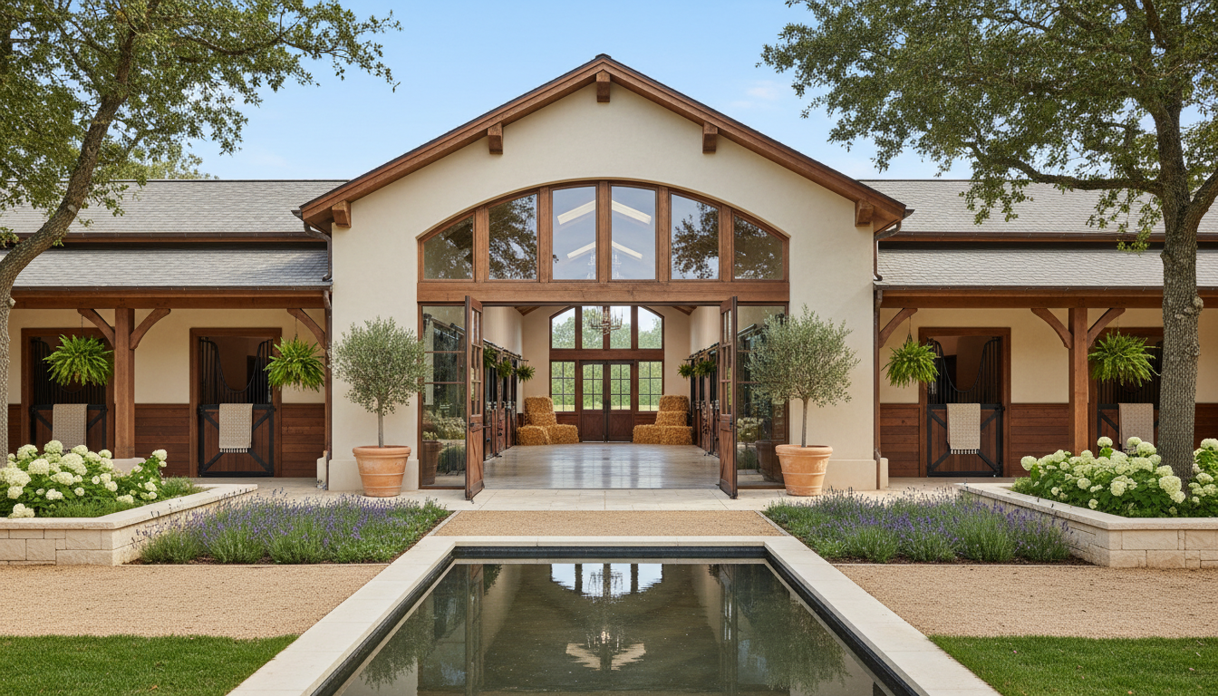 Wide angle view of luxury equestrian stable exterior with landscaped surroundings