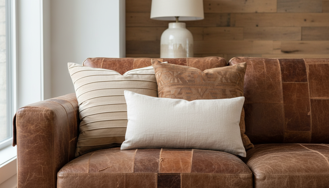 Close-up view of layered textures on a vintage leather sofa with silk cushions