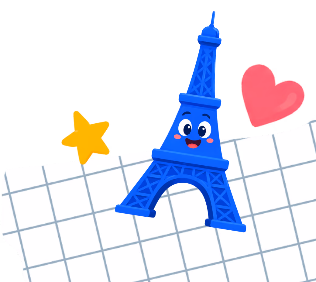 A blue cartoon Eiffel Tower with a smiling face, pink cheeks, and big eyes, accompanied by a yellow star on its left and a pink heart on its right, all on a white grid background.