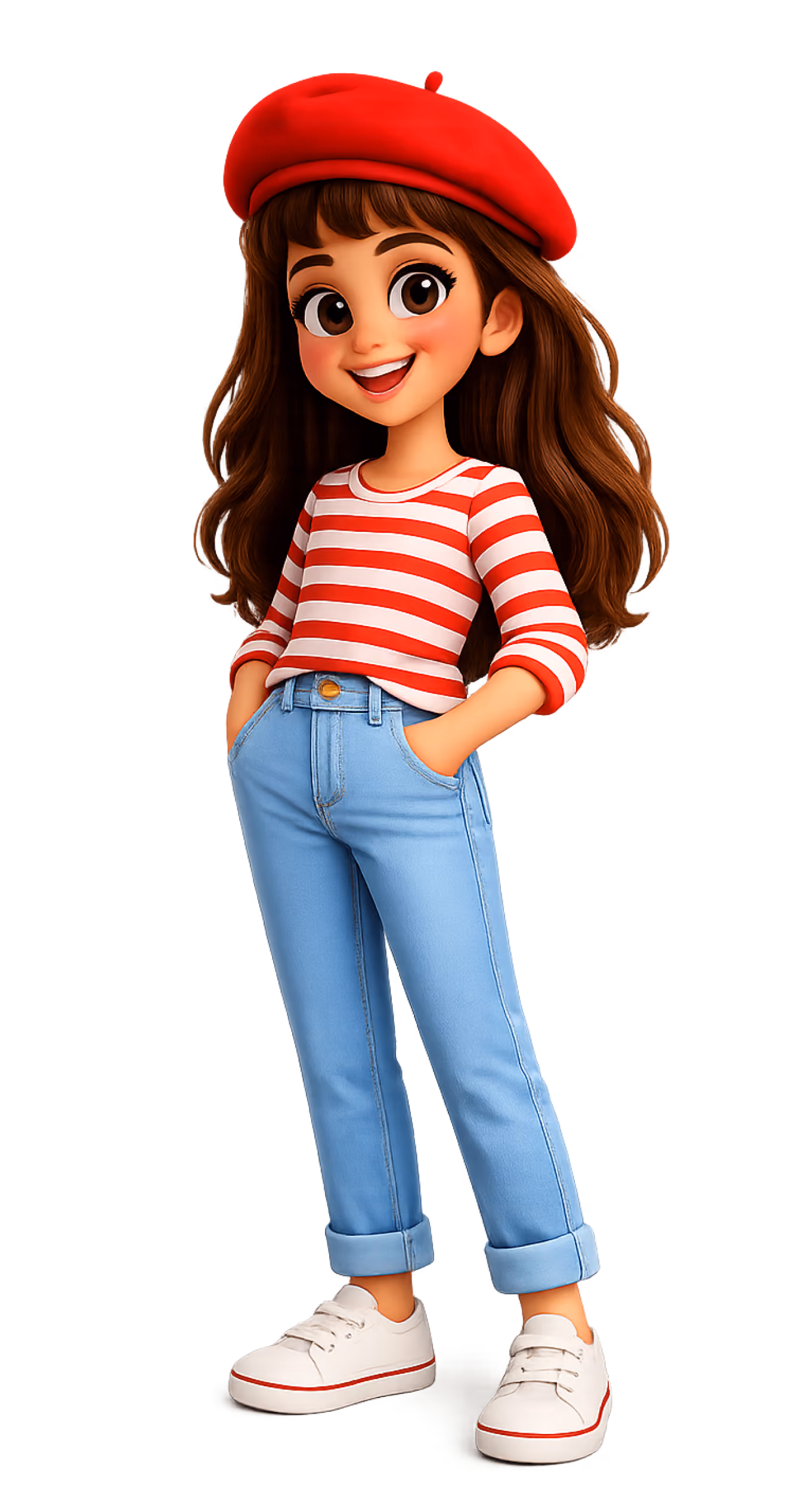 Smiling girl with long brown hair wearing red beret, red-striped shirt, blue jeans, and white sneakers.