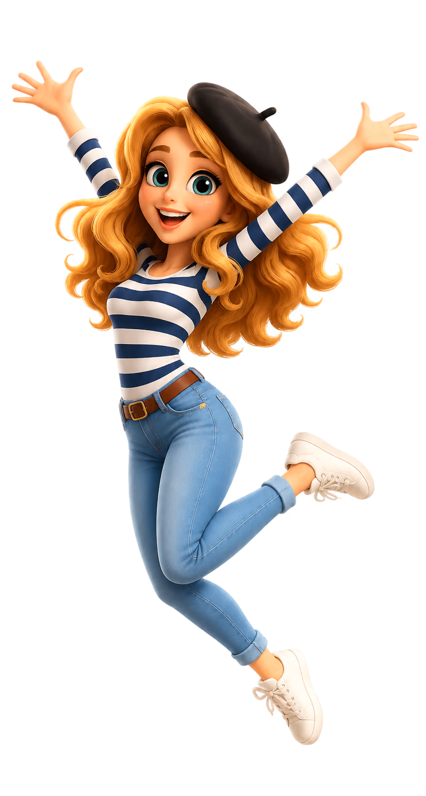 Joyful cartoon woman with curly hair, striped shirt, jeans, and beret jumping with arms raised.