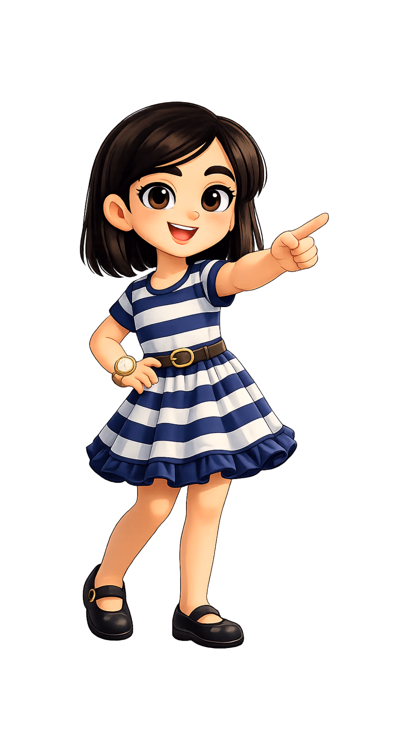 Cheerful girl in a blue and white striped dress pointing to the right with a smile.