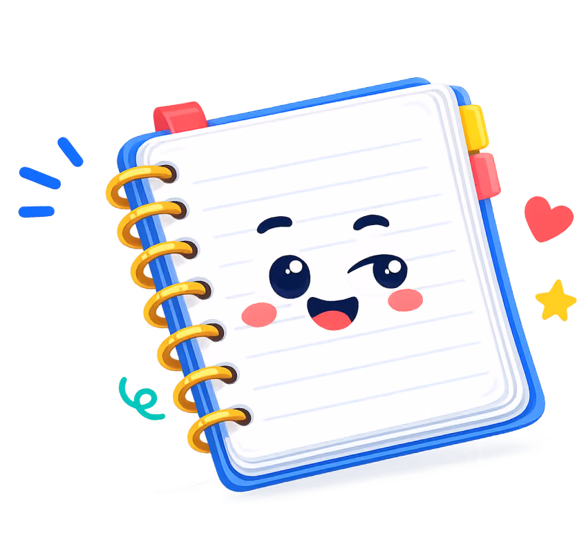 Cartoon spiral notebook with smiling winking face and colorful hearts and stars around it.