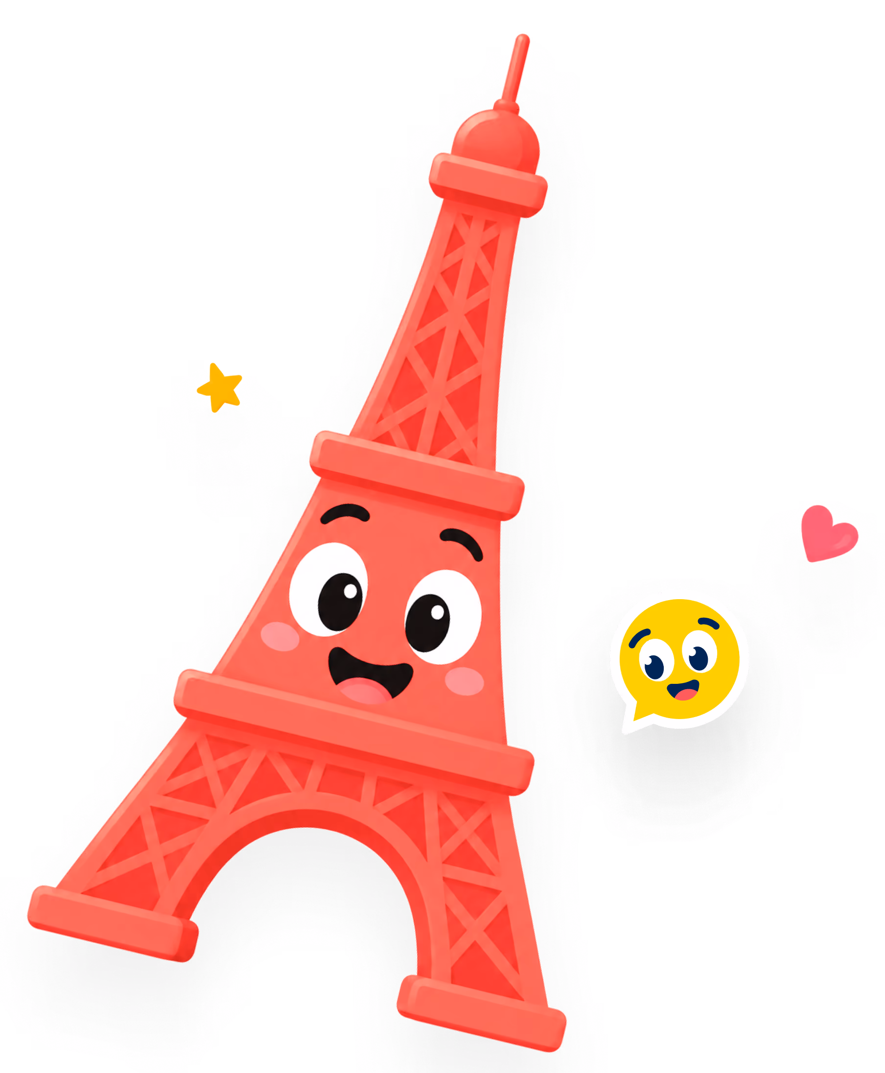 Red cartoon Eiffel Tower with a smiling face, a yellow happy speech bubble, star, and heart icons.