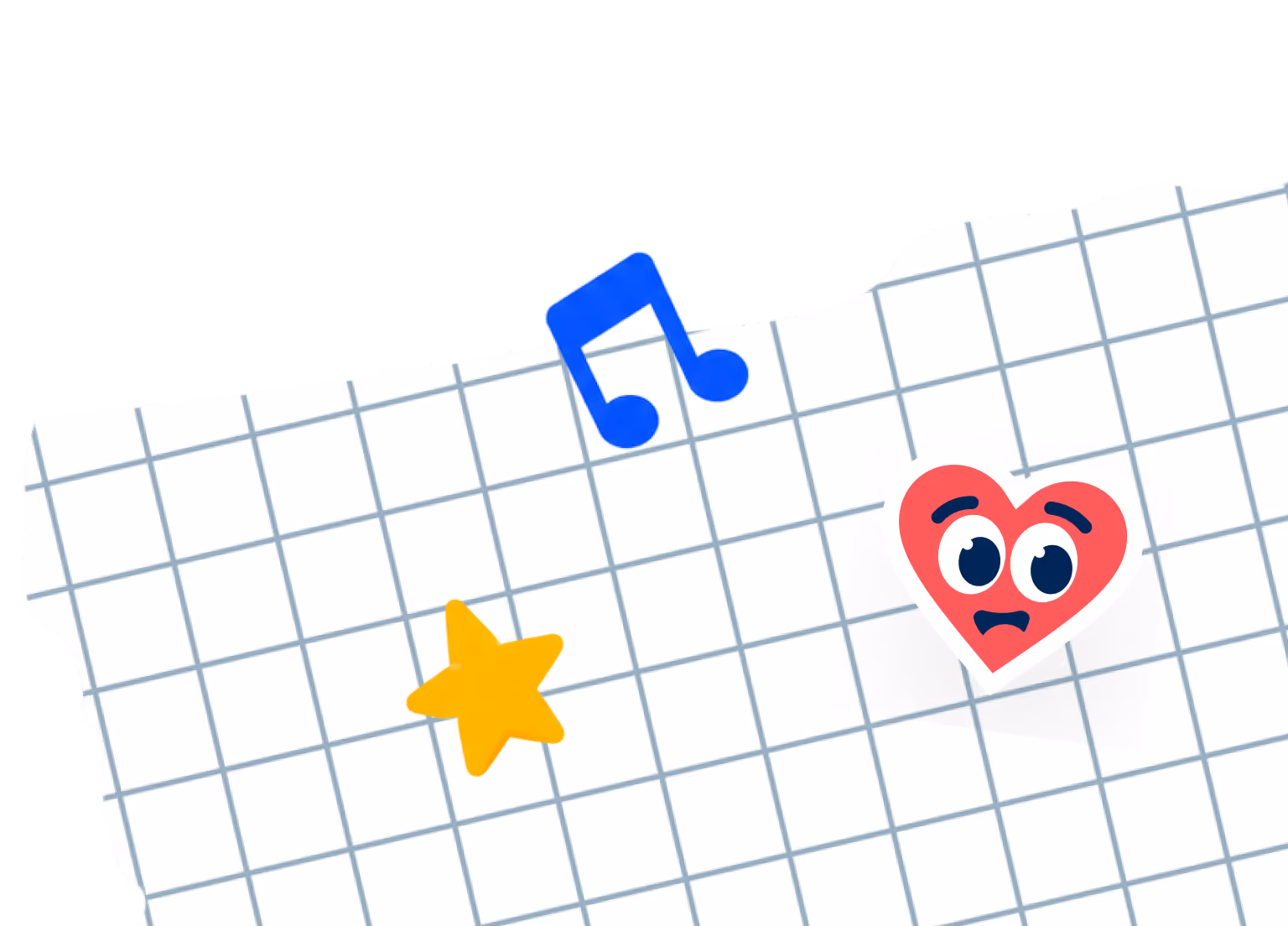 Yellow star, blue musical note, and worried red heart icons on grid paper background.