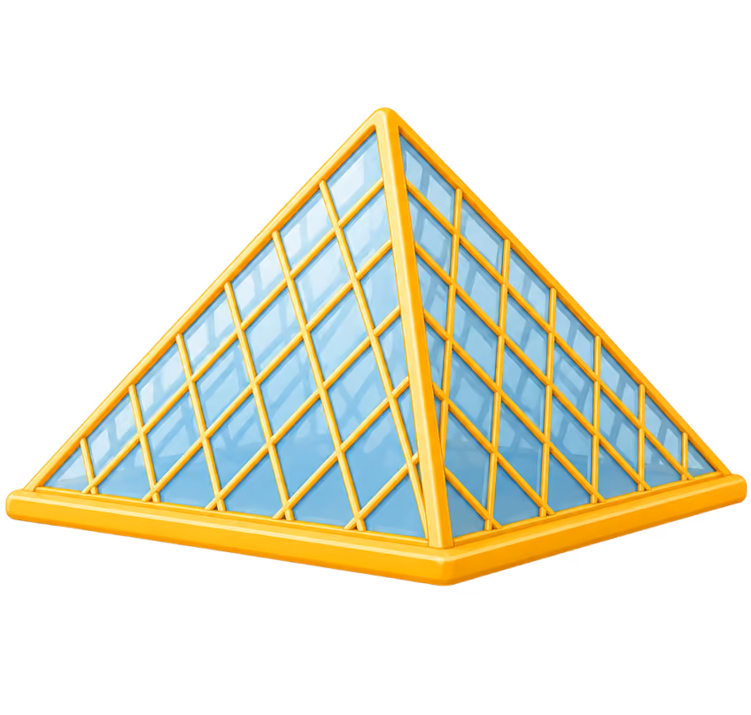 Golden-framed glass pyramid structure with blue tinted panels in a grid pattern.